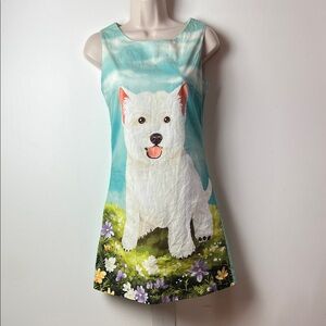 Adorable Scotty Highland Terrier Dog Print Sleeveless Cotton Shift Dress